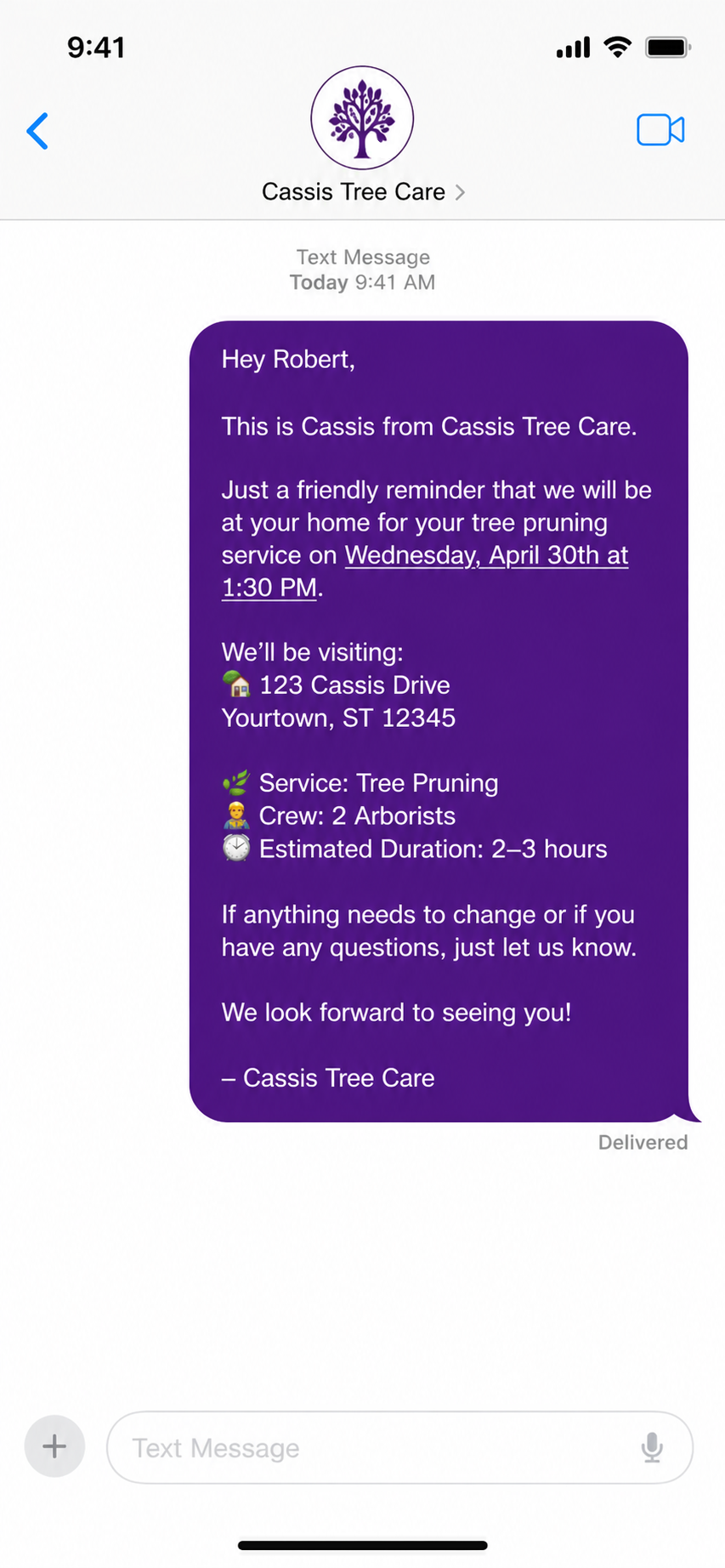 Sample SMS reminder a Cassis customer receives
